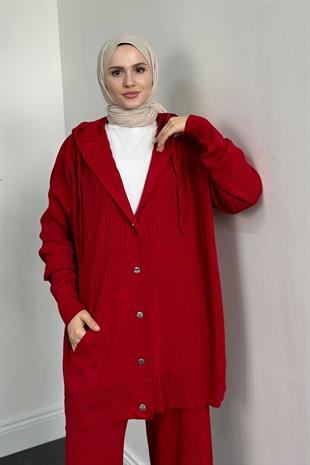 Alize Düğmeli Triko Hırka Takım Kırmızı