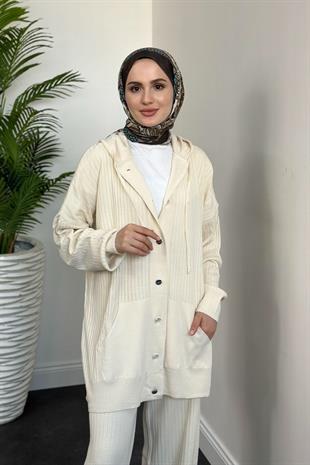 Alize Düğmeli Triko Hırka Takım Krem