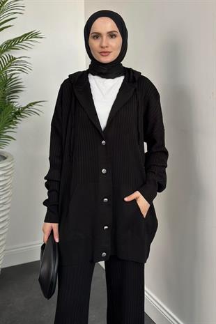 Alize Düğmeli Triko Hırka Takım Siyah