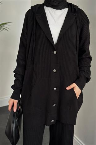 Alize Düğmeli Triko Hırka Takım Siyah