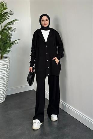 Alize Düğmeli Triko Hırka Takım Siyah