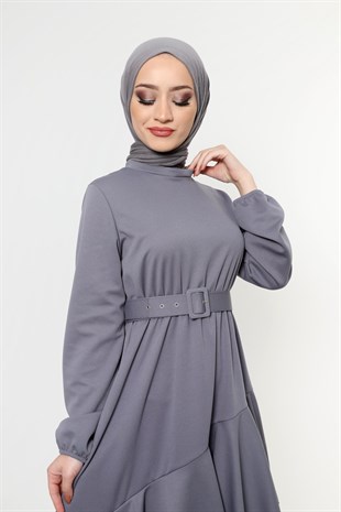 Altı Fırfır Detaylı Kemerli Elbise Gri