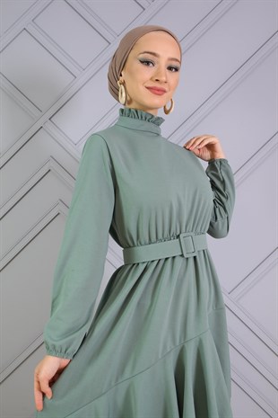 Altı Fırfır Detaylı Kemerli Elbise Mint