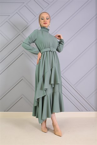 Altı Fırfır Detaylı Kemerli Elbise Mint