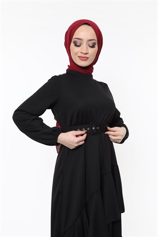 Altı Fırfır Detaylı Kemerli Elbise Siyah