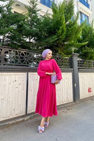 Altı Verev Parçalı Elbise Fuşya