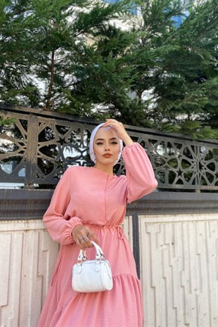 Altı Verev Parçalı Elbise Pudra