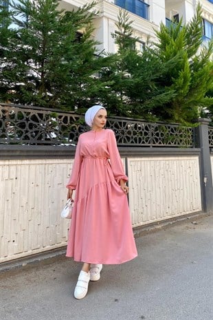 Altı Verev Parçalı Elbise Pudra