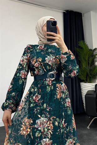 Alyona Dantelli Kemerli Elbise Yeşil