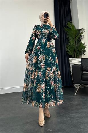 Alyona Dantelli Kemerli Elbise Yeşil