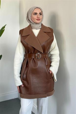 Amarila Deri Görünümlü Yelek Camel
