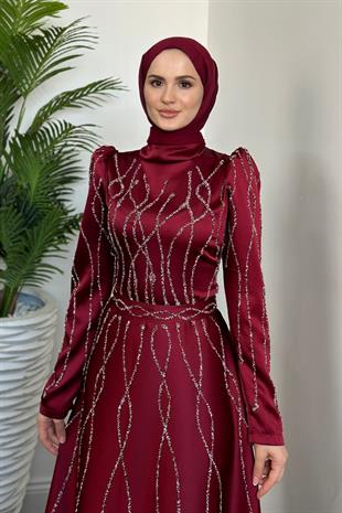 Amaris Taşlı Abiye Bordo