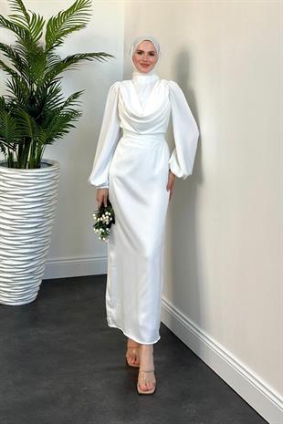Amber Drape Detay Saten Abiye Beyaz