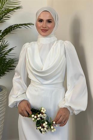 Amber Drape Detay Saten Abiye Beyaz
