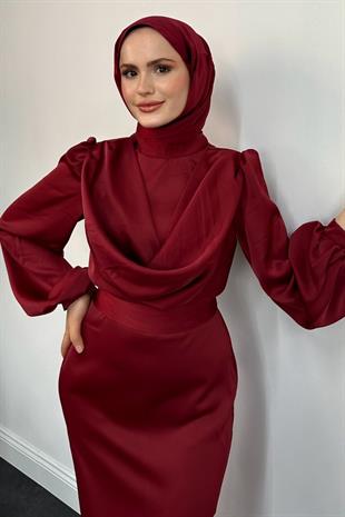 Amber Drape Detay Saten Abiye Bordo