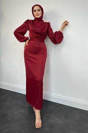 Amber Drape Detay Saten Abiye Bordo