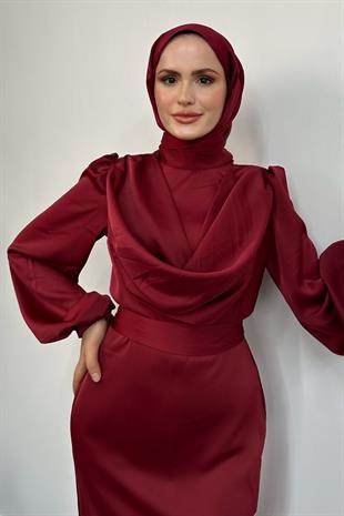 Amber Drape Detay Saten Abiye Bordo