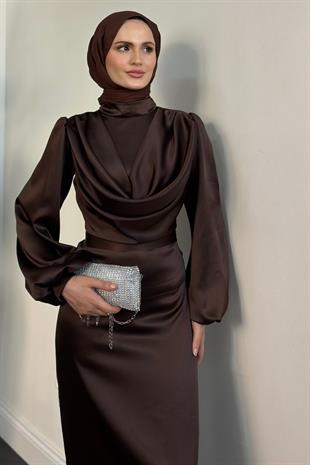 Amber Drape Detay Saten Abiye Kahverengi