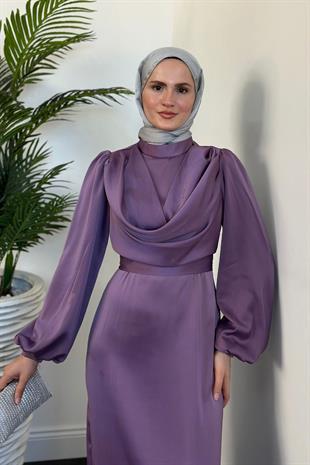 Amber Drape Detay Saten Abiye Lila