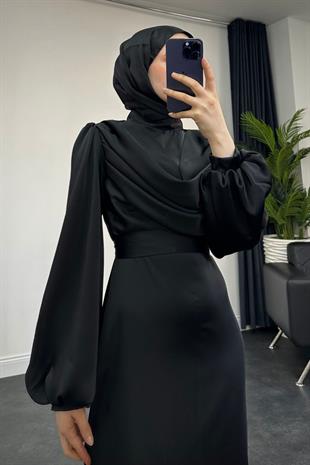 Amber Drape Detay Saten Abiye Siyah