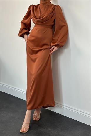 Amber Drape Detay Saten Abiye Taba