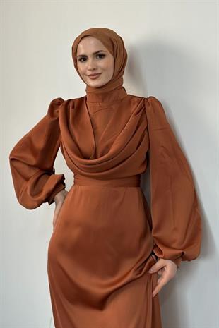 Amber Drape Detay Saten Abiye Taba