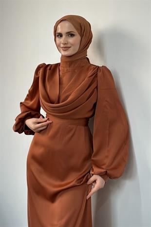 Amber Drape Detay Saten Abiye Taba
