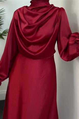 Amedea Üstü Drape Saten Abiye Bordo