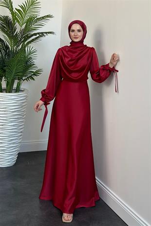 Amedea Üstü Drape Saten Abiye Bordo