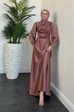 Amedea Üstü Drape Saten Abiye Gül Kurusu