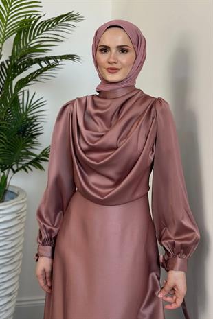 Amedea Üstü Drape Saten Abiye Gül Kurusu