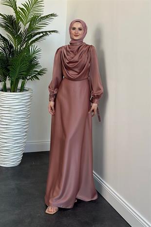 Amedea Üstü Drape Saten Abiye Gül Kurusu