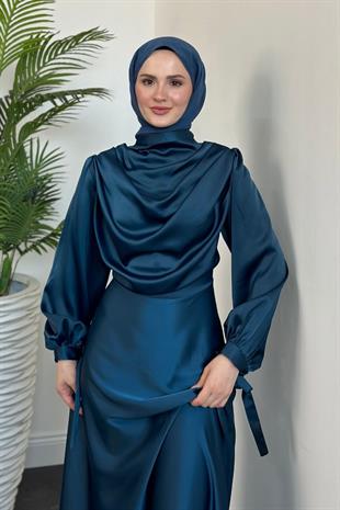 Amedea Üstü Drape Saten Abiye Petrol Yeşili