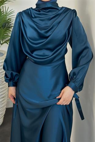 Amedea Üstü Drape Saten Abiye Petrol Yeşili