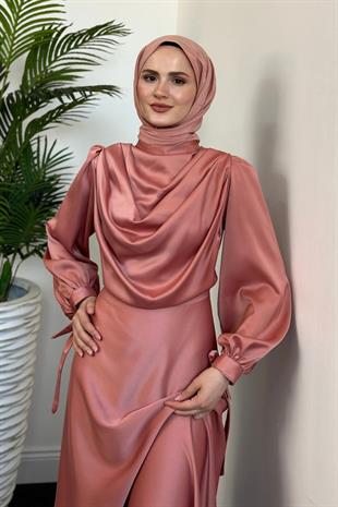 Amedea Üstü Drape Saten Abiye Pudra