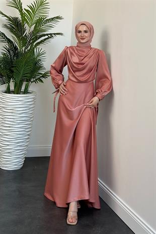 Amedea Üstü Drape Saten Abiye Pudra