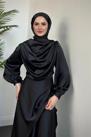 Amedea Üstü Drape Saten Abiye Siyah
