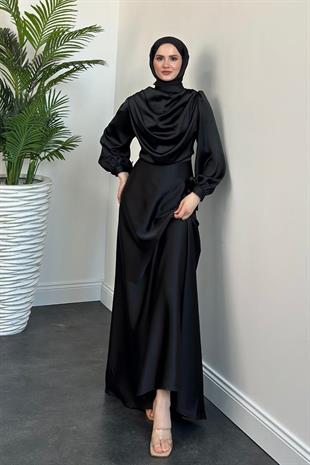 Amedea Üstü Drape Saten Abiye Siyah