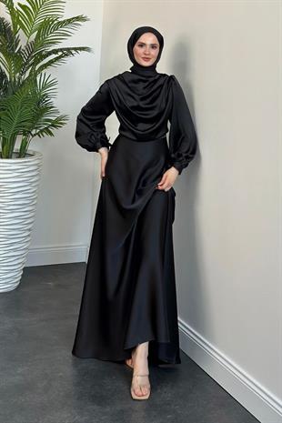 Amedea Üstü Drape Saten Abiye Siyah