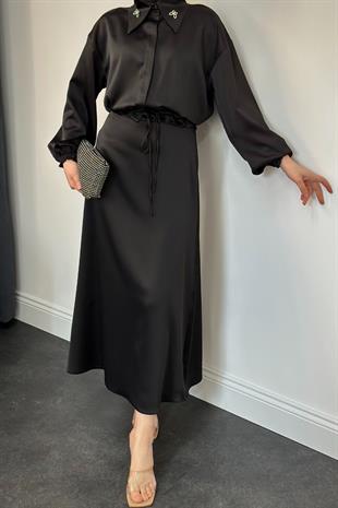 Amelia Saten Etek Takım Siyah