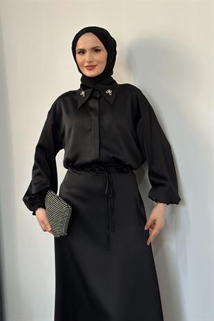 Amelia Saten Etek Takım Siyah