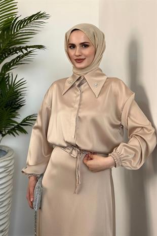 Amelia Saten Etek Takım Vizon