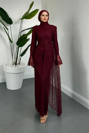 Amira Balık Kesim Dantel Kumaş Abiye Bordo