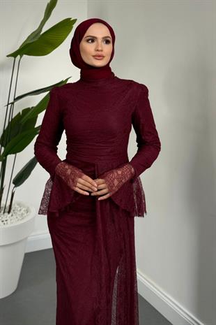 Amira Balık Kesim Dantel Kumaş Abiye Bordo