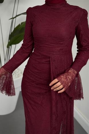 Amira Balık Kesim Dantel Kumaş Abiye Bordo