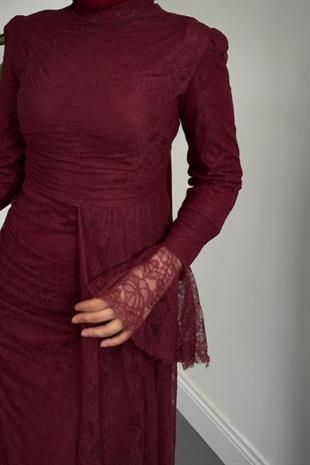 Amira Balık Kesim Dantel Kumaş Abiye Bordo