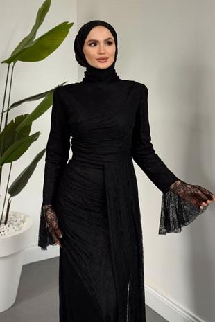 Amira Balık Kesim Dantel Kumaş Abiye Siyah