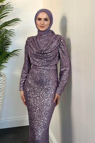 Amira Degaje Yaka Pul Payet Balık Abiye Lila