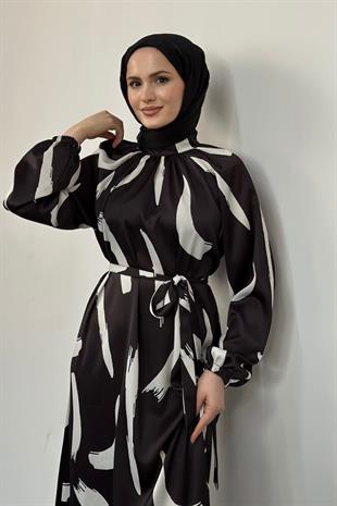 Angel Desenli Saten Elbise Siyah