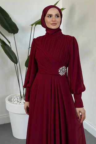 Angela Yanı Taş Detay Balon Kol Abiye Bordo